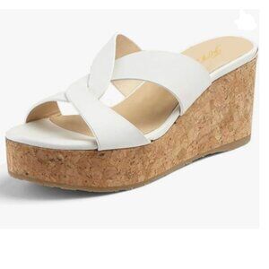 FOWT White Almond Toe Cross Strap Slip on Platform High Wedge Heel Slide Sandals